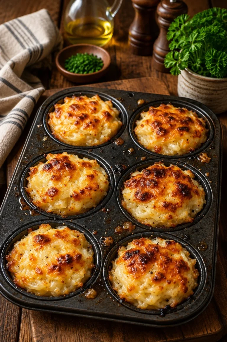 Oven-baked potato au gratin cups topped with cheese and herbs.