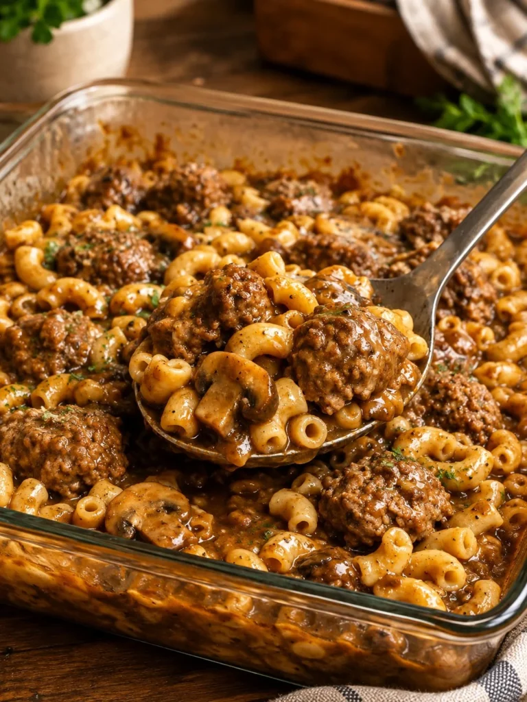 Oven-baked 4-ingredient Salisbury steak macaroni dish served on a plate