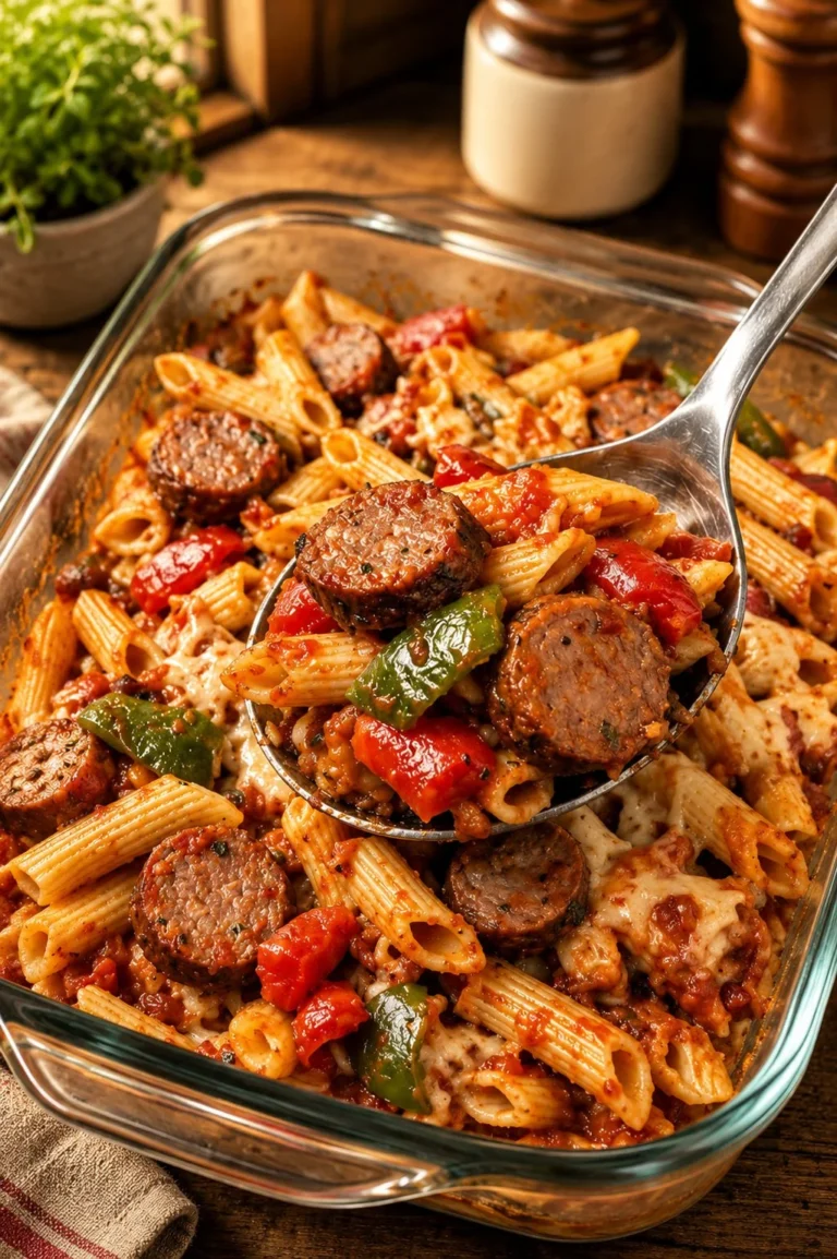 Oven baked sausage and pepper ziti with melted cheese and vibrant peppers.