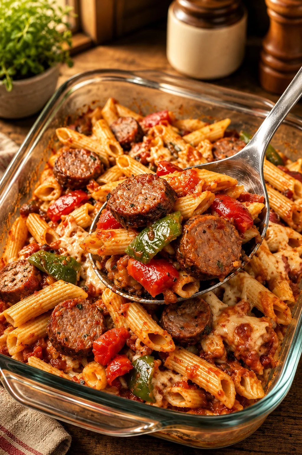 Oven baked sausage and pepper ziti with melted cheese and vibrant peppers.