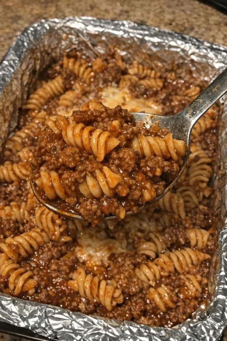 Oven Baked 4 Ingredient Sloppy Joe Pasta in a baking dish