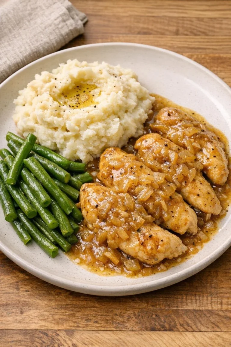 Oven baked smothered chicken tenderloins with creamy sauce and herbs