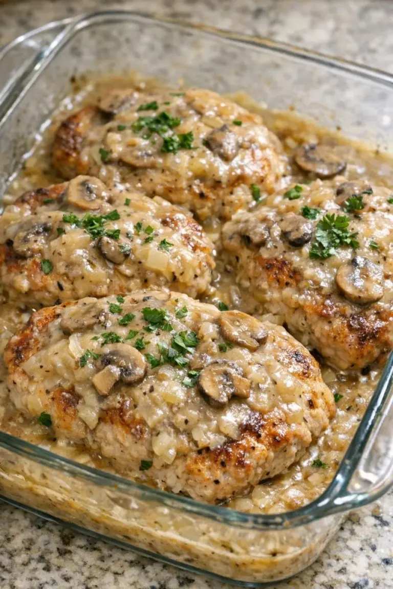 Oven-baked smothered pork chops with four ingredients on a plate