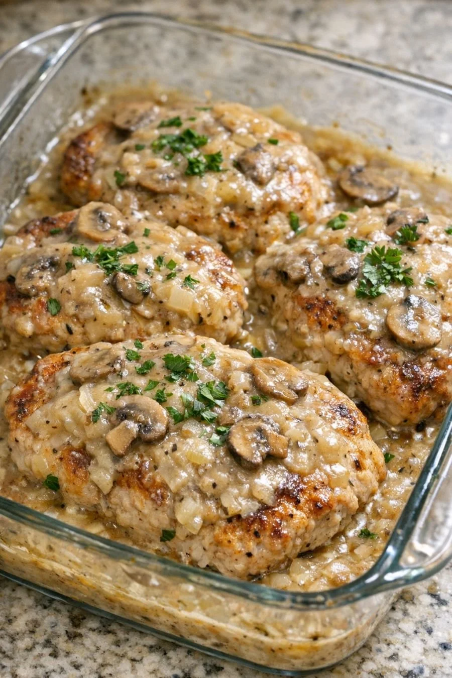 Oven-baked smothered pork chops with four ingredients on a plate