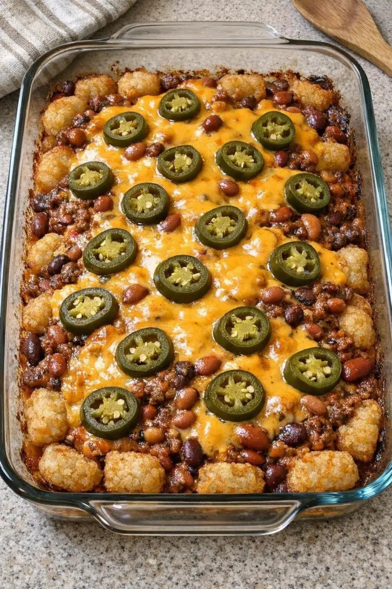 4-ingredient oven baked totchos casserole topped with nacho cheese sauce
