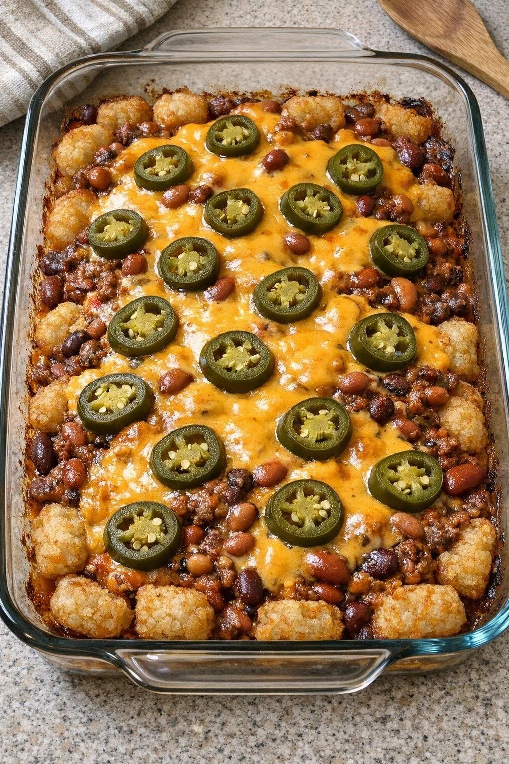 4-ingredient oven baked totchos casserole topped with nacho cheese sauce