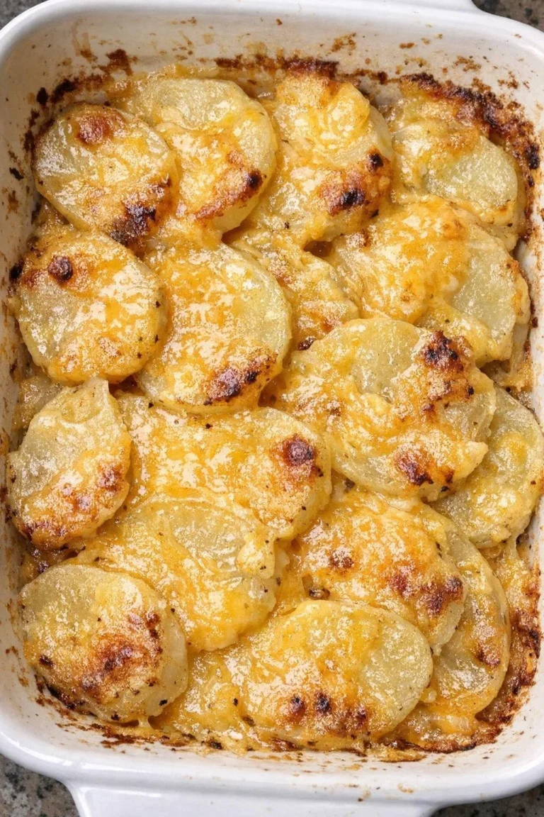 Creamy Velveeta Potato Bake dish ready to serve in a baking dish.