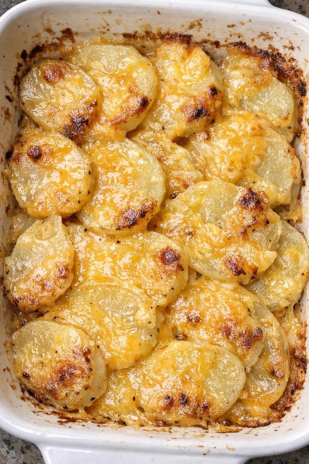 Creamy Velveeta Potato Bake dish ready to serve in a baking dish.