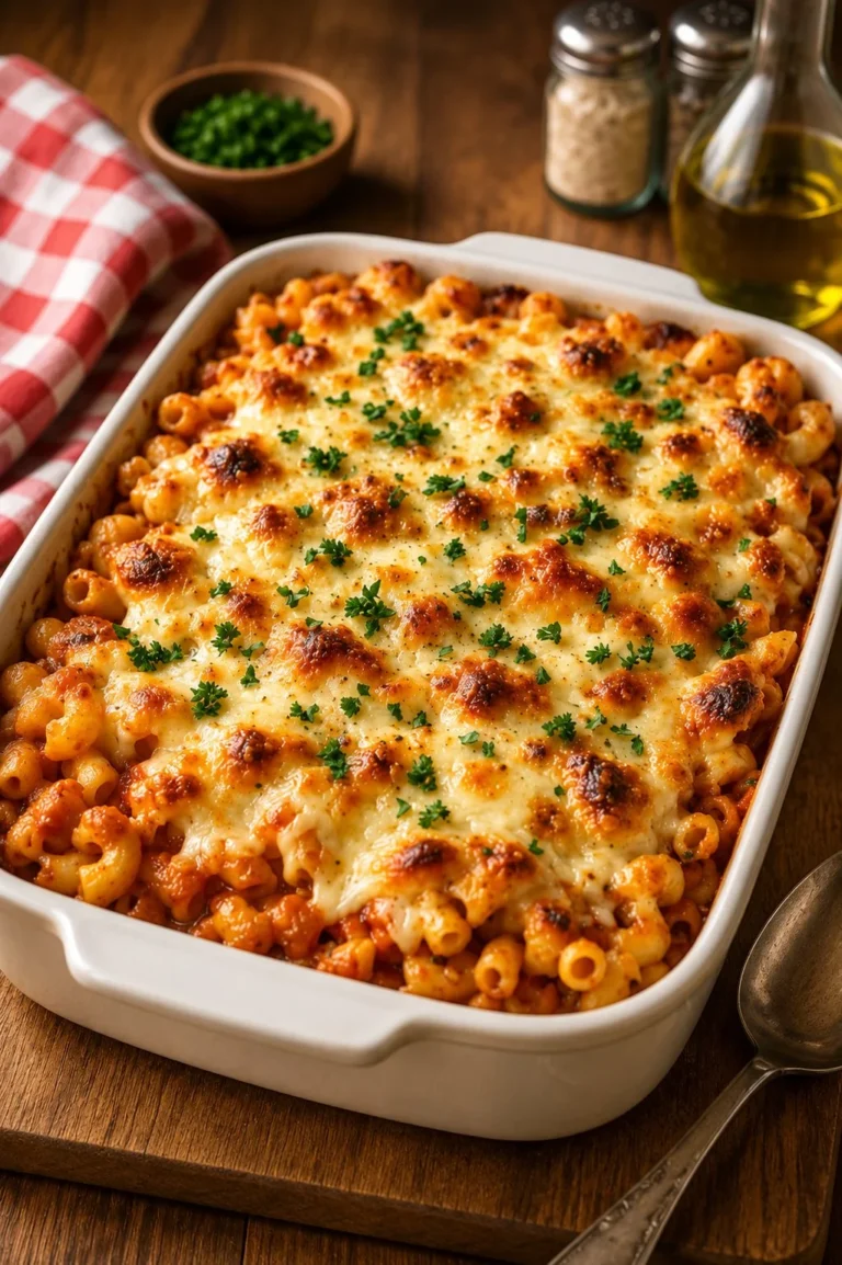 Zesty Italian macaroni baked in the oven with four simple ingredients