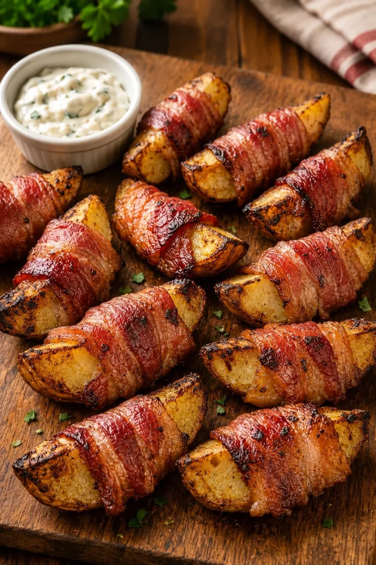Oven baked bacon wrapped potato wedges served on a plate