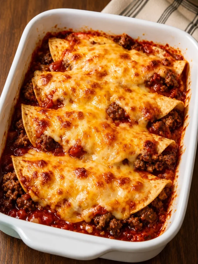 Oven baked beef enchilada casserole with four ingredients ready to serve