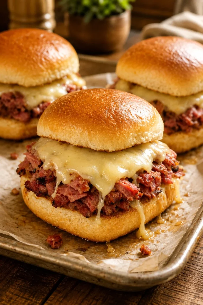 Delicious oven-baked corned beef sliders ready to serve