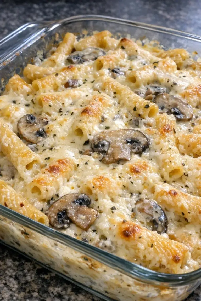 Baked cream cheese mushroom ziti ready to serve in a casserole dish.