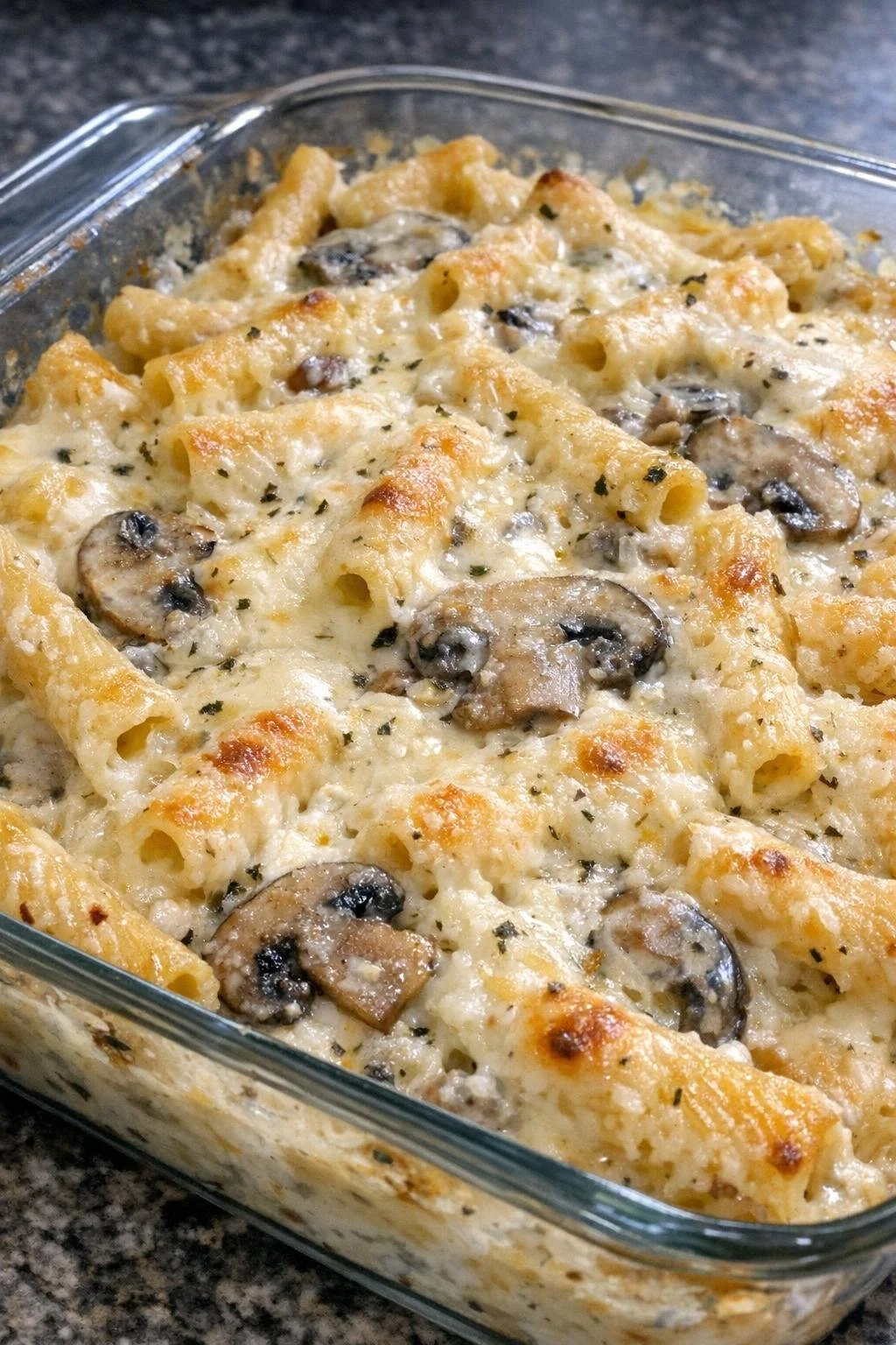 Baked cream cheese mushroom ziti ready to serve in a casserole dish.