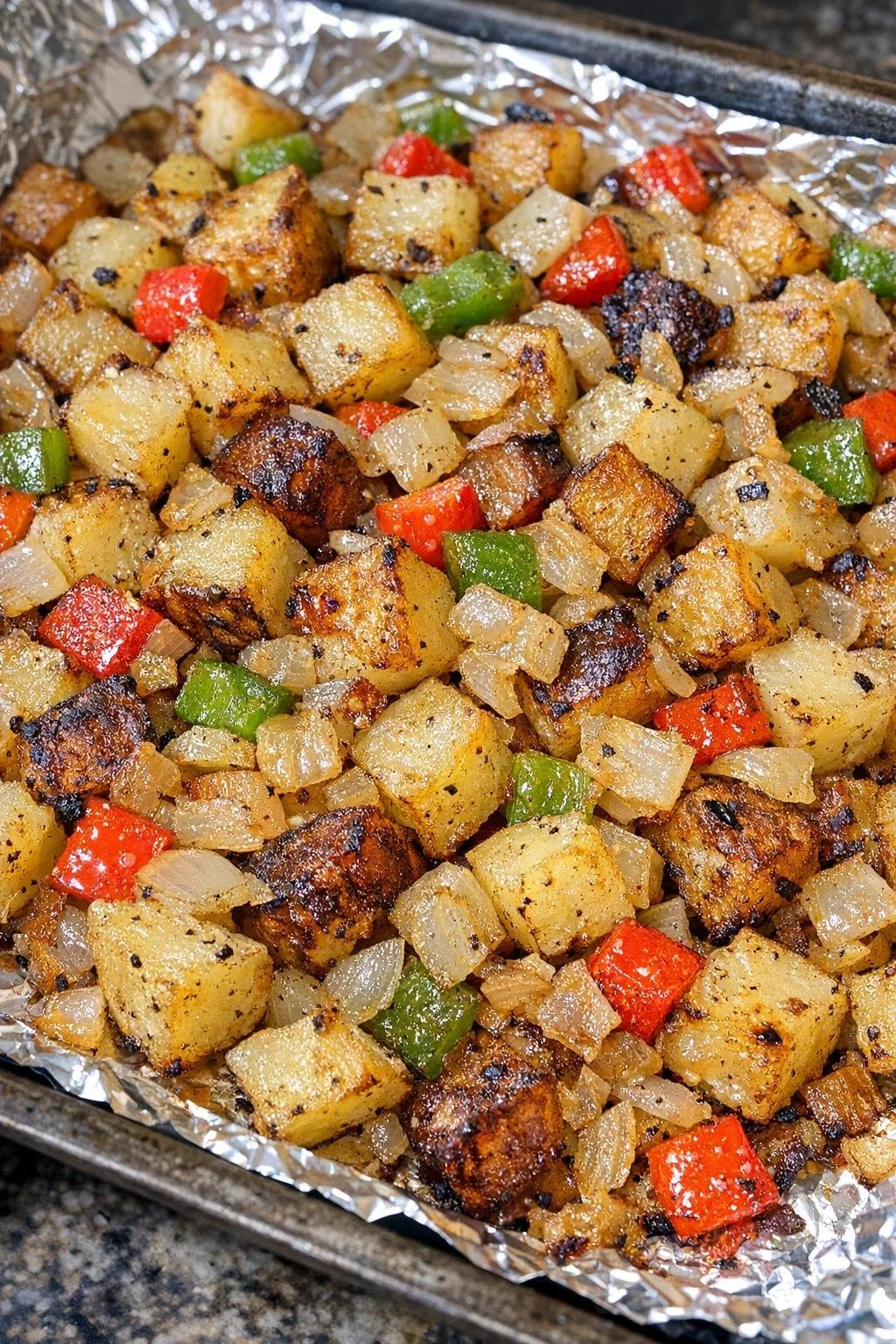Oven baked Potato O'Brien with colorful peppers and seasoning