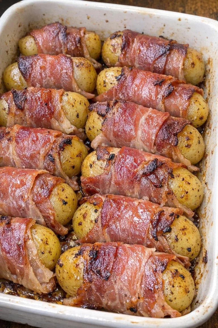 Baked prosciutto potato bundles arranged on a plate, fresh out of the oven.