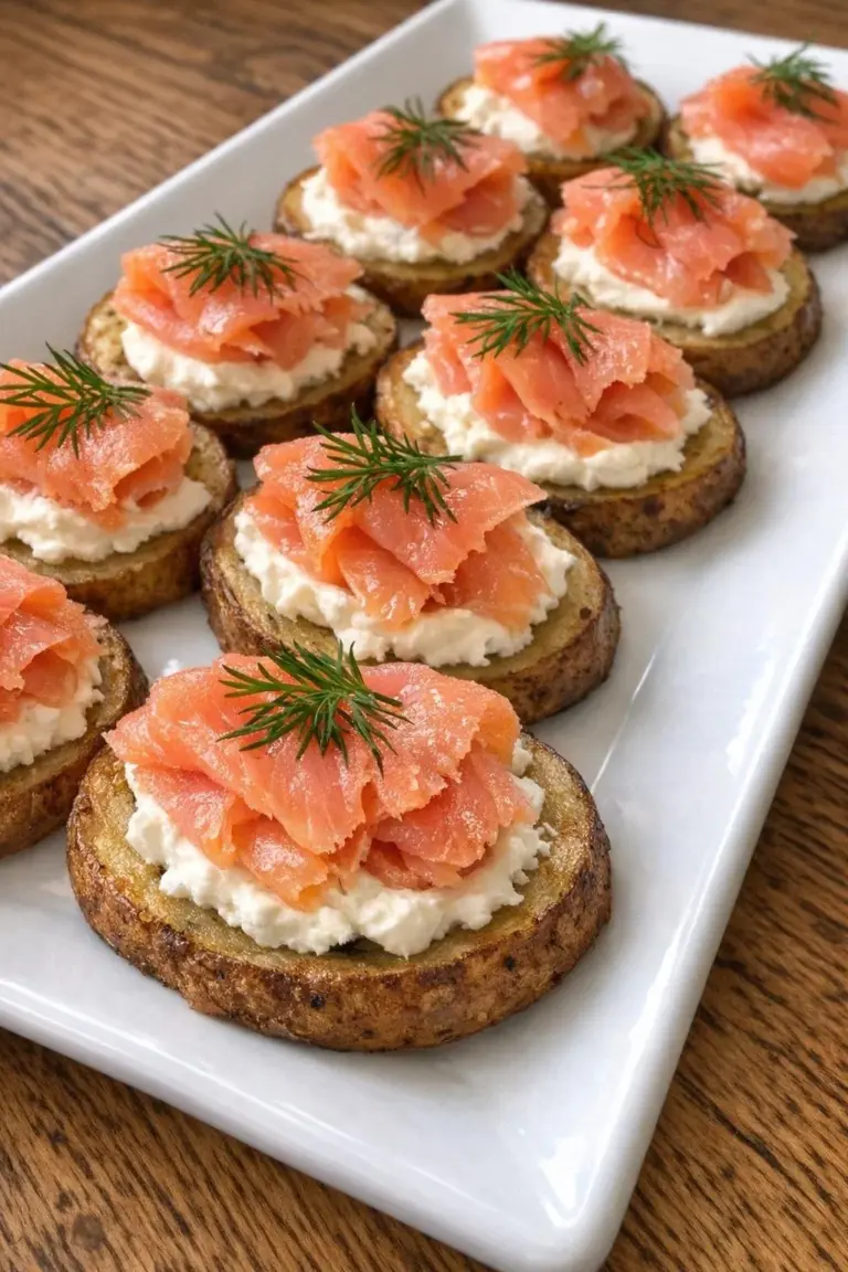 Oven baked smoked salmon potato rounds served on a plate.