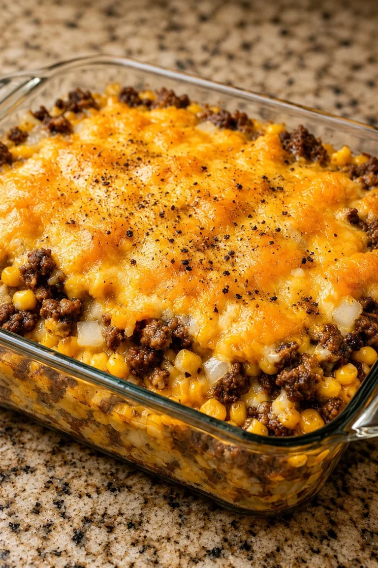 Delicious oven baked 5-ingredient Amish beef and corn casserole in a dish
