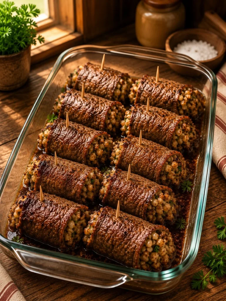 Oven baked beef roll ups with five simple ingredients ready to serve.