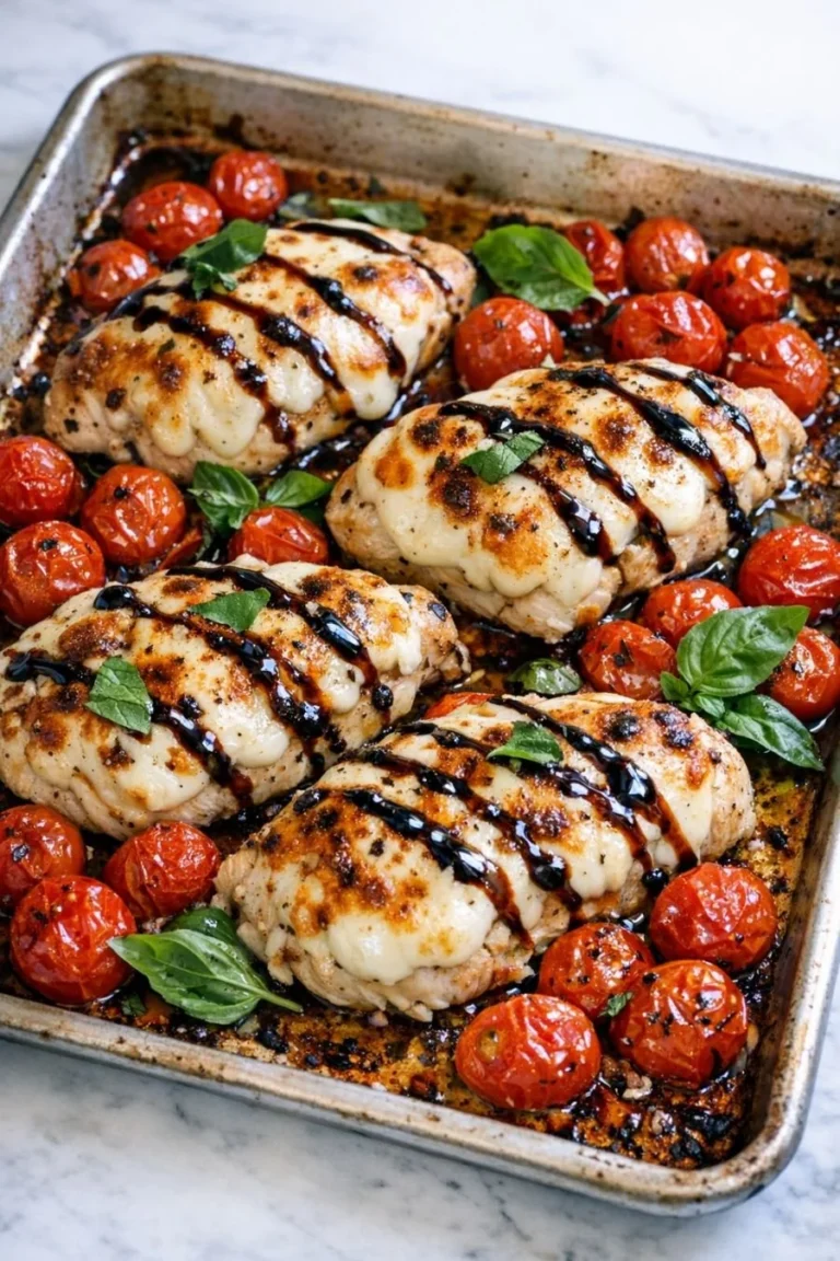 Oven Baked 5 Ingredient Caprese Chicken plated with fresh basil and mozzarella