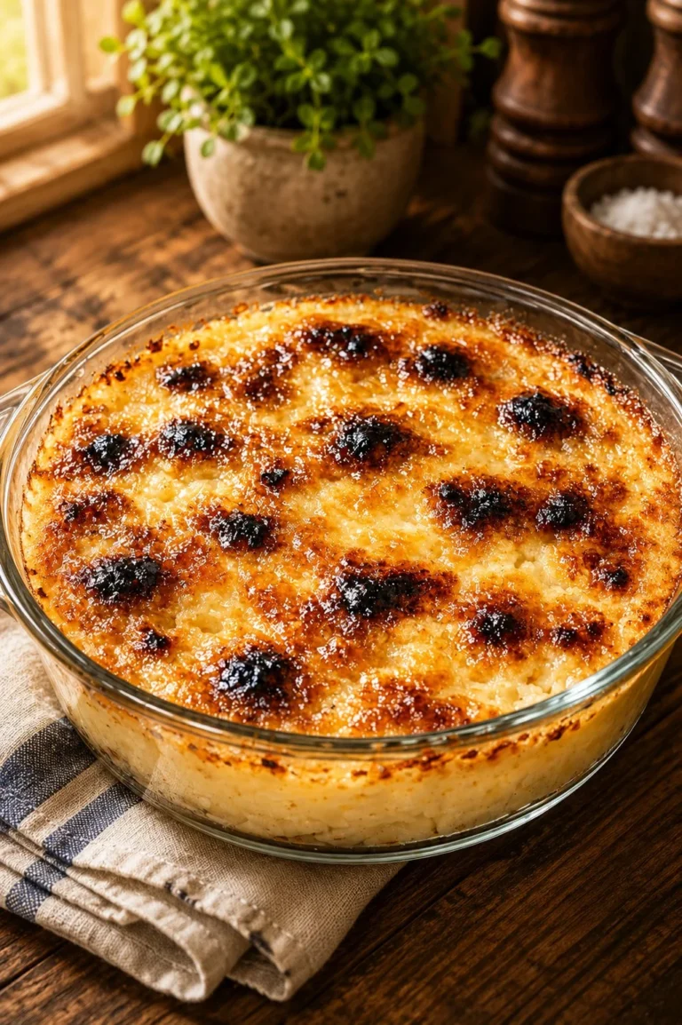 Oven-baked caramelized banana pudding with a golden topping and fresh bananas