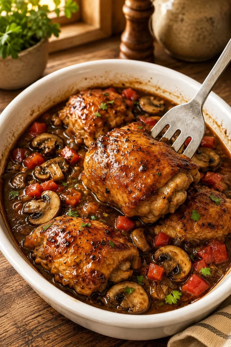 Oven-baked 5-ingredient Chicken Marengo served on a plate