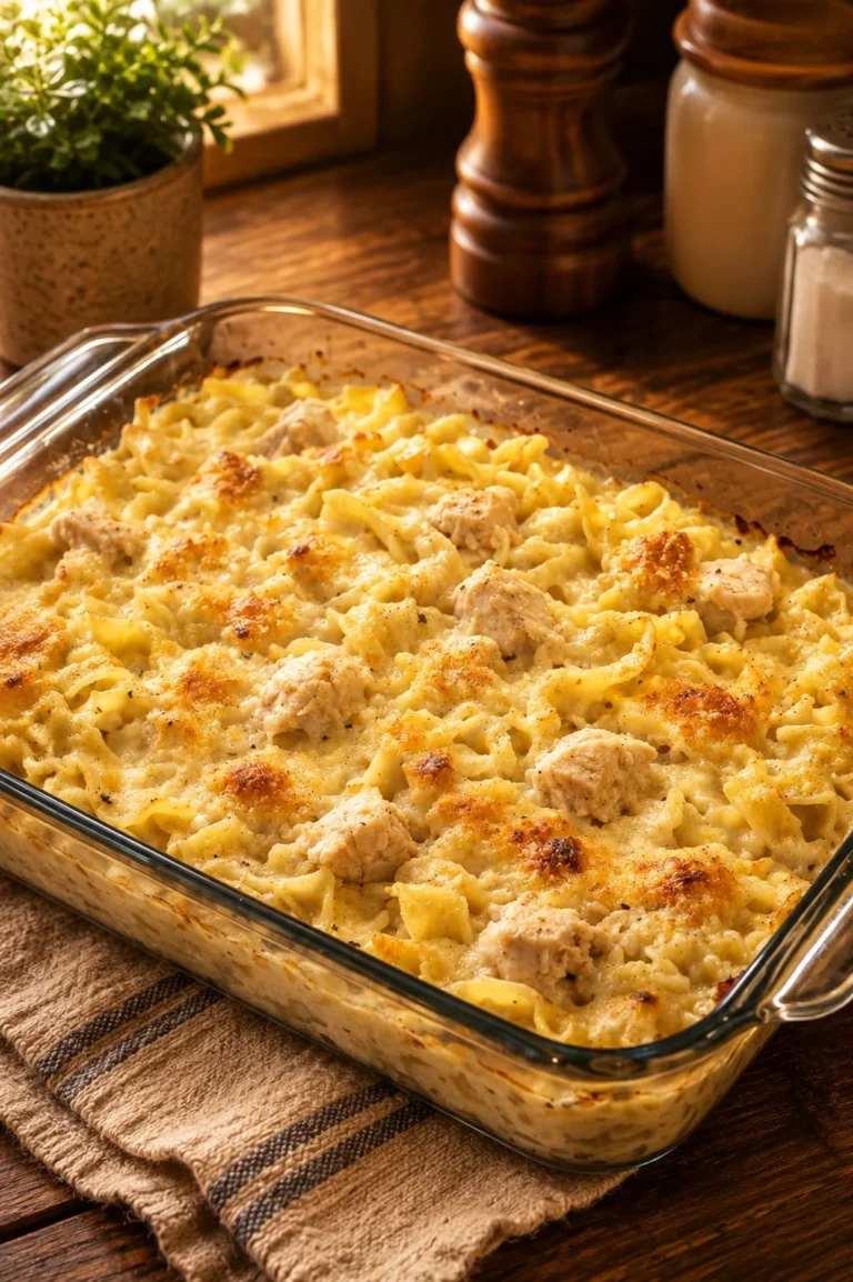 5-ingredient chicken noodle bake ready to serve from the oven