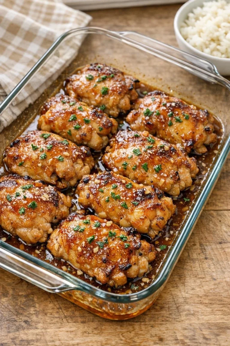 Oven baked honey garlic chicken garnished with herbs on a plate