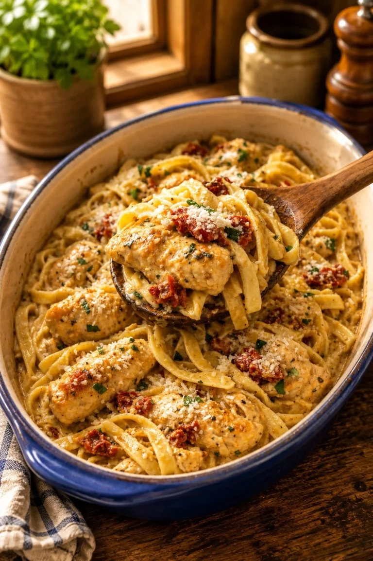 Delicious oven baked Marry Me Chicken Pasta garnished with herbs.