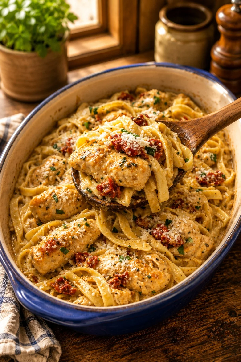Delicious oven baked Marry Me Chicken Pasta garnished with herbs.
