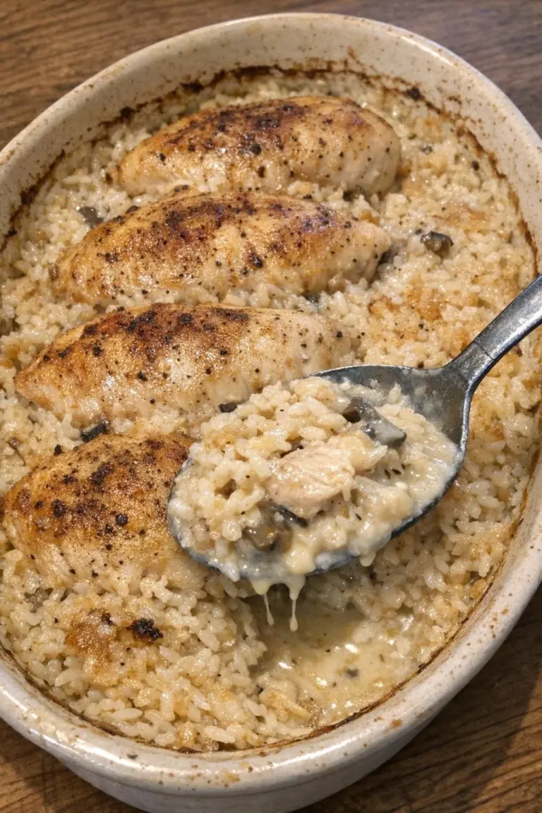 Oven baked chicken and rice casserole topped with herbs and spices