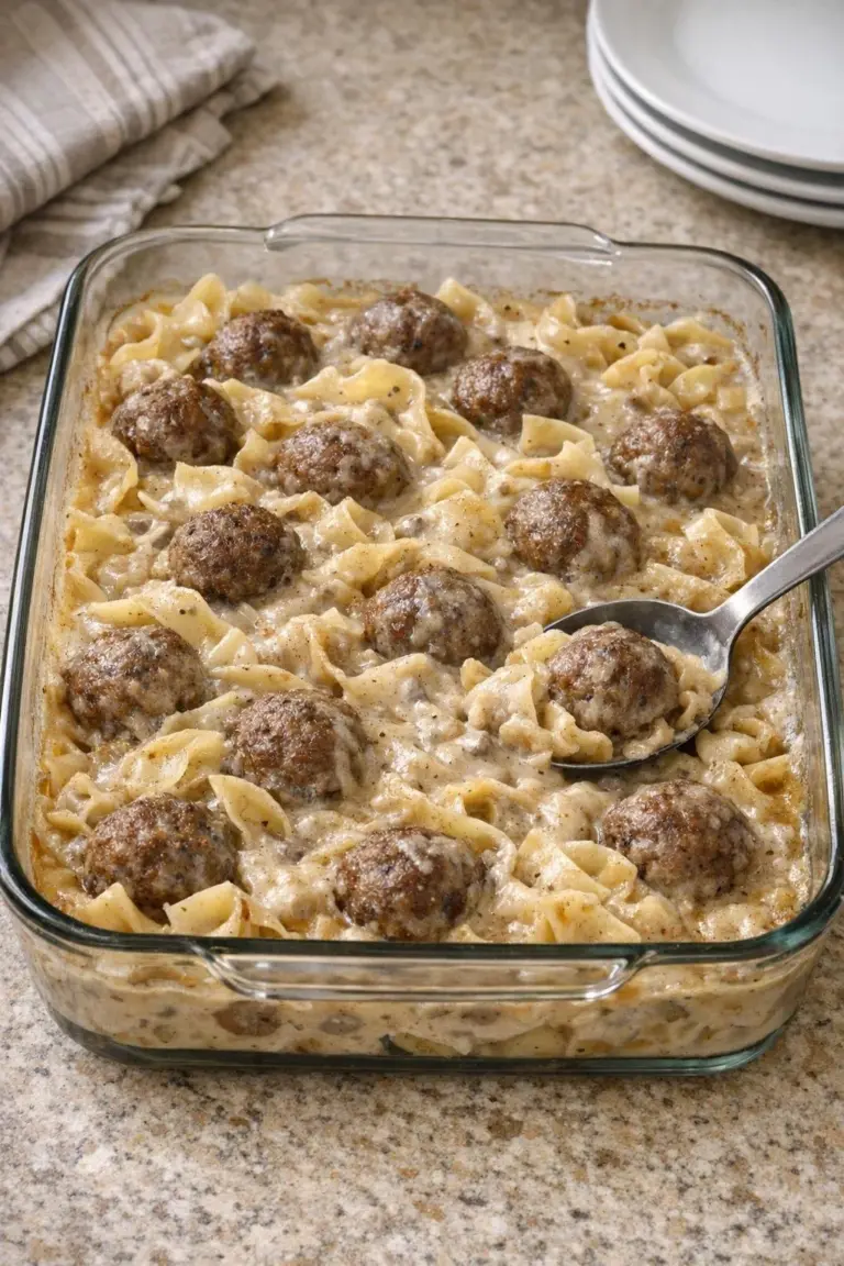 Oven baked 5-ingredient Swedish meatball noodle bake with pasta and sauce