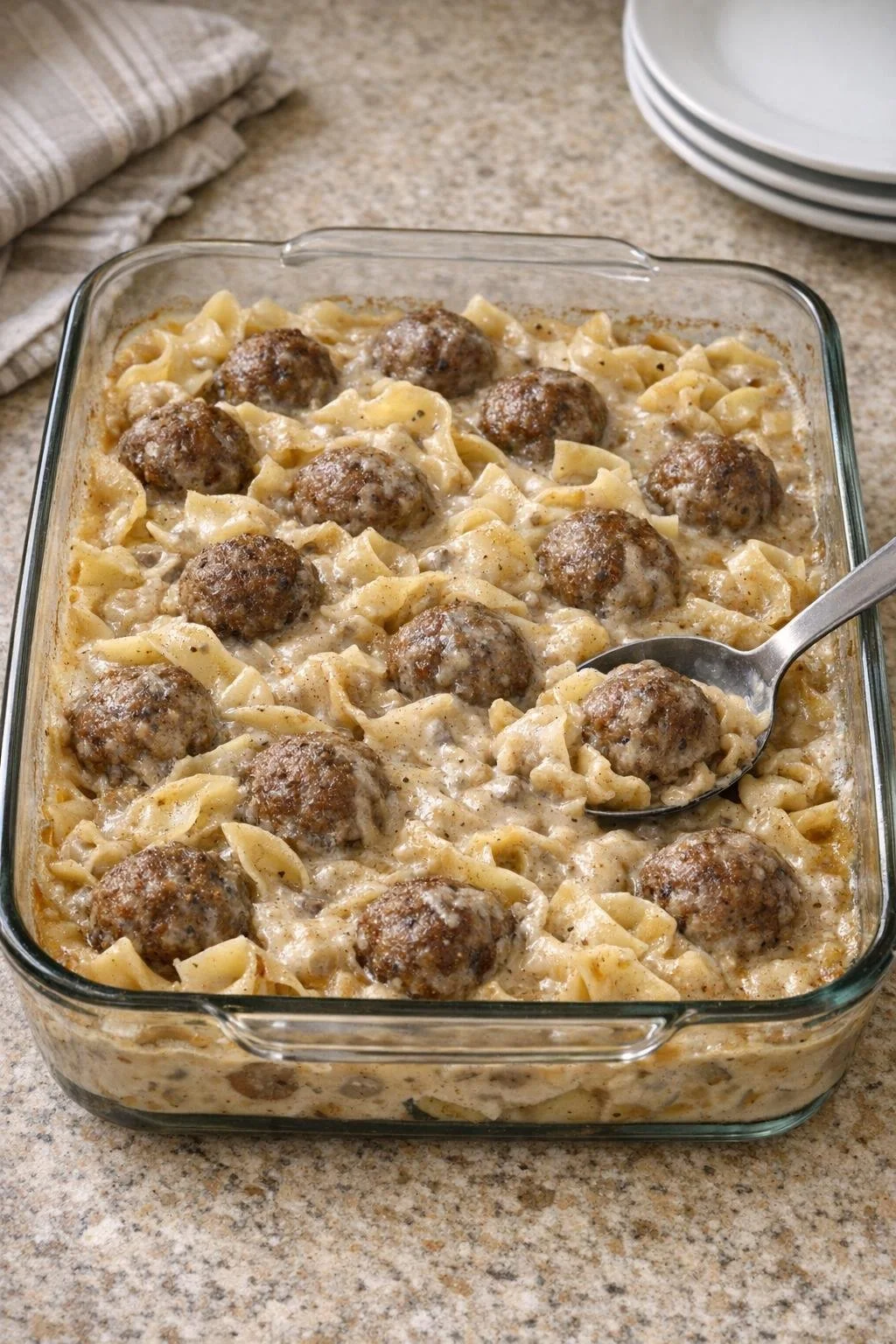 Oven baked 5-ingredient Swedish meatball noodle bake with pasta and sauce