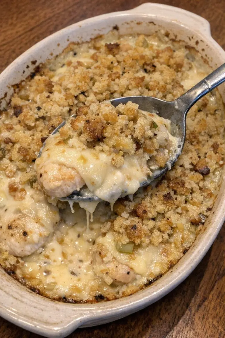 Baked Swiss chicken casserole with five ingredients on a serving dish