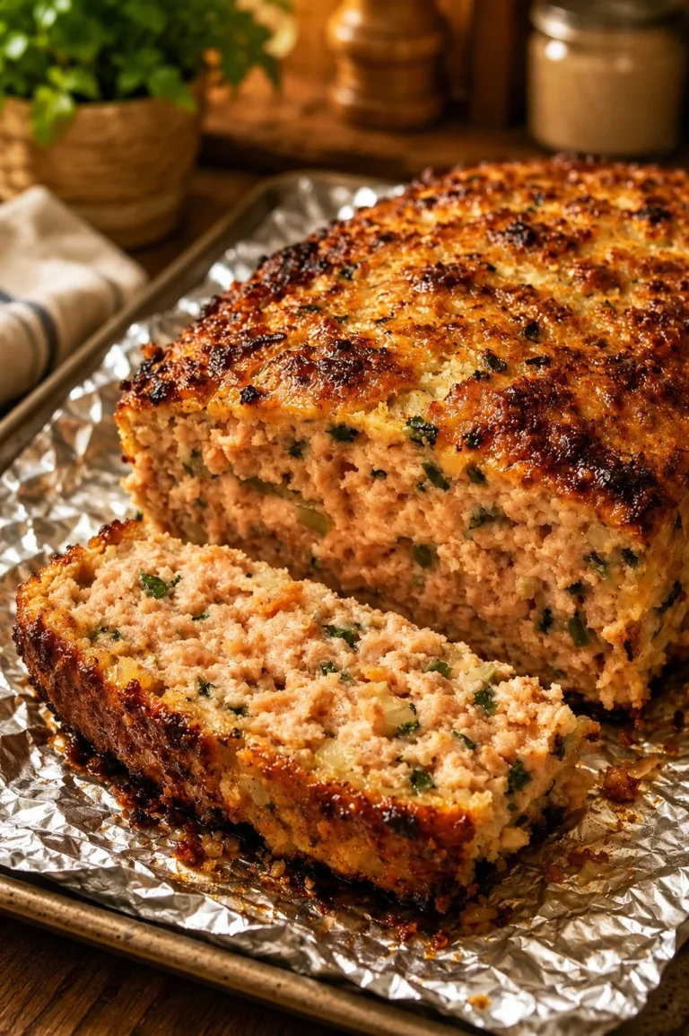 Oven baked 6-ingredient retro salmon loaf served on a plate
