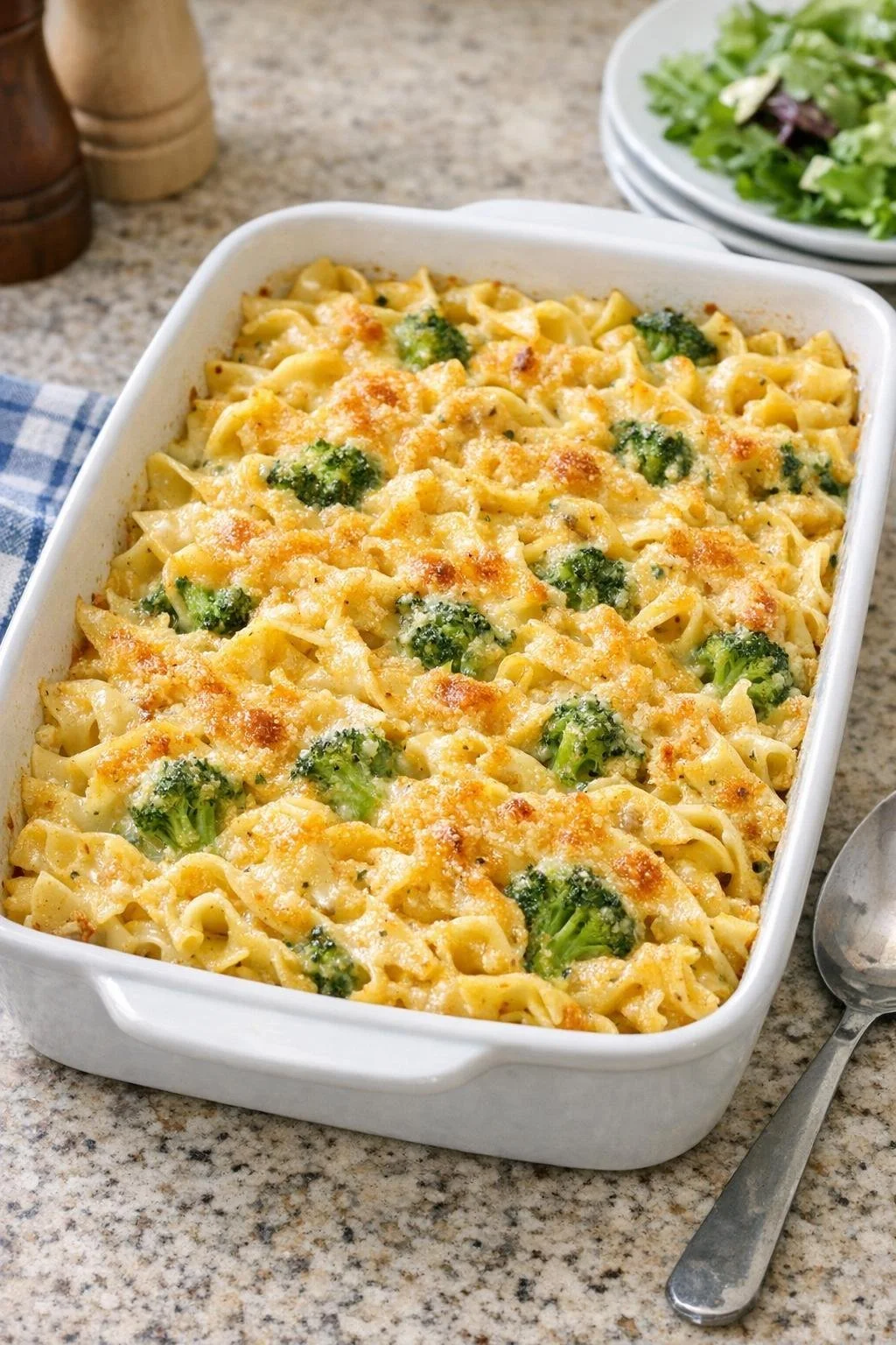 Bowl of creamy cheddar broccoli soup with oven-baked Amish noodles