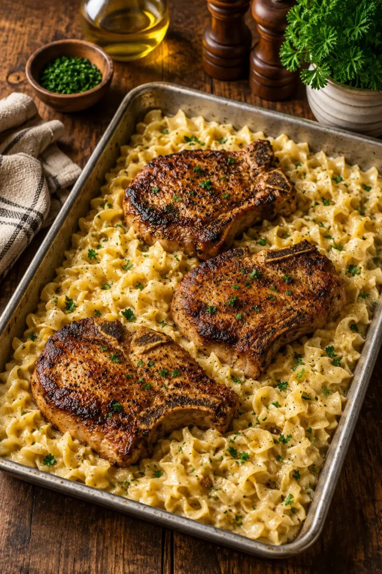 Oven-baked Amish pork chop noodle bake served in a casserole dish