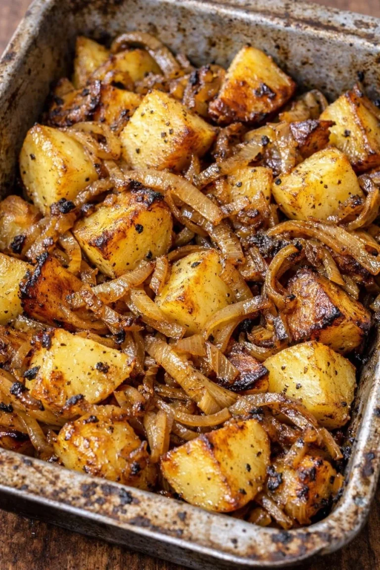 Oven baked Amish roasted potatoes and onions in a rustic dish