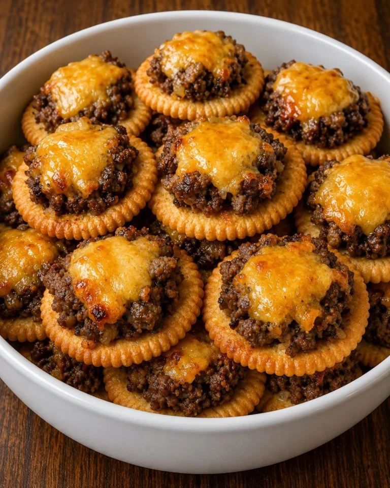Oven baked beef cracker bites served on a platter with dipping sauce