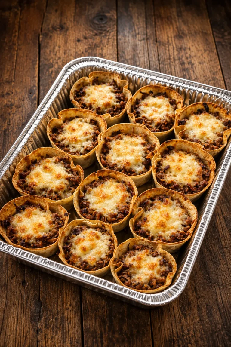 Golden baked tortilla cups filled with seasoned ground beef, Mexican rice, enchilada sauce, and melted cheese, baked until crispy and served warm.