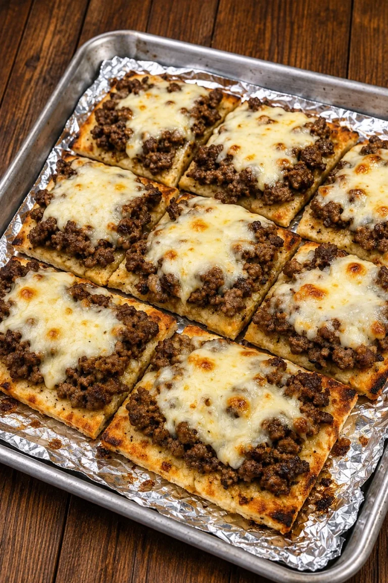 Oven-baked beef flatbread squares topped with herbs and spices.