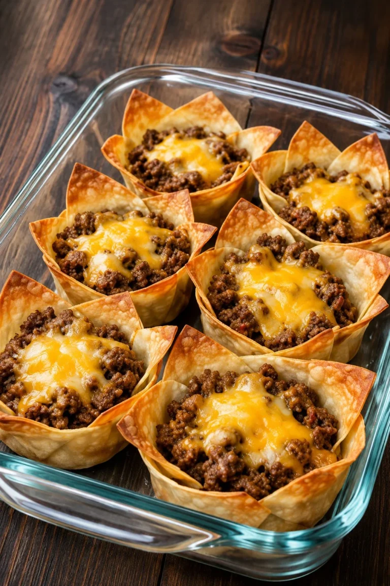 Delicious oven baked beef taco cups served on a platter.