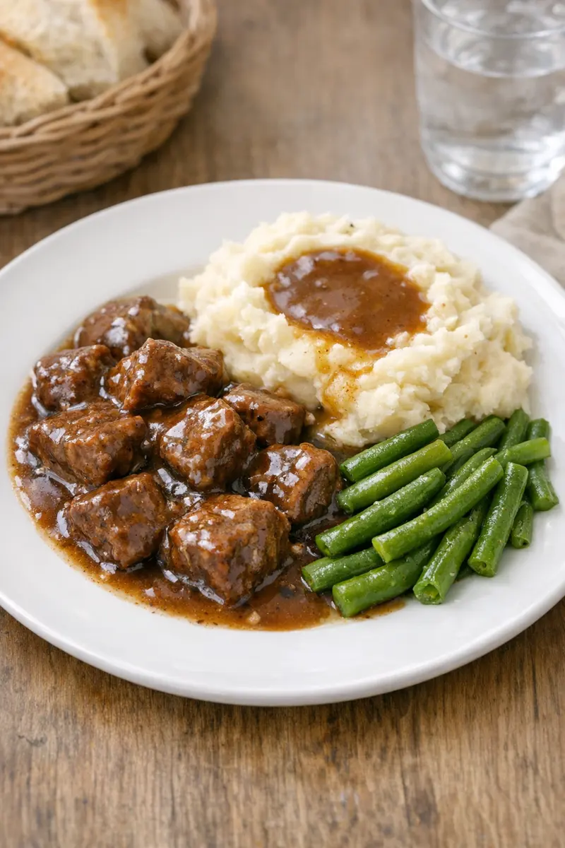 Oven baked beef tips in rich gravy served over mashed potatoes