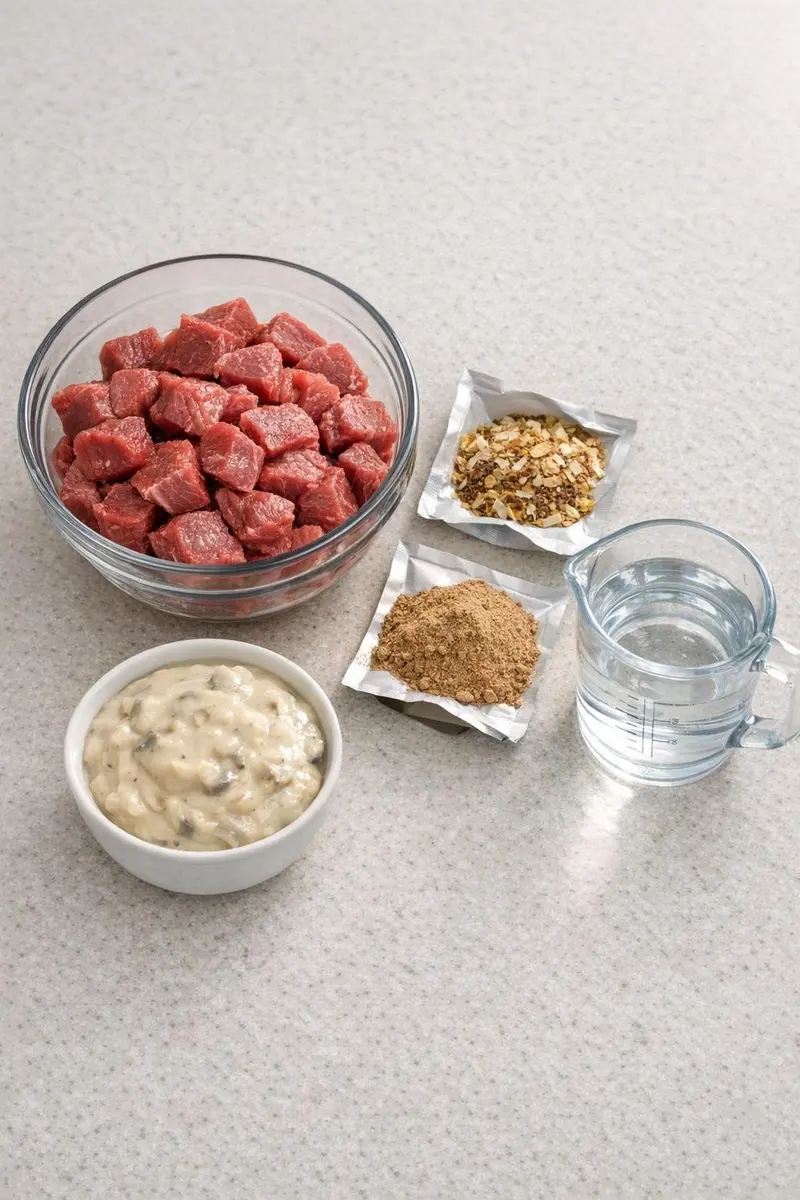 Beef, gravy mix, onion soup mix, mushroom soup, and water for baked beef tips