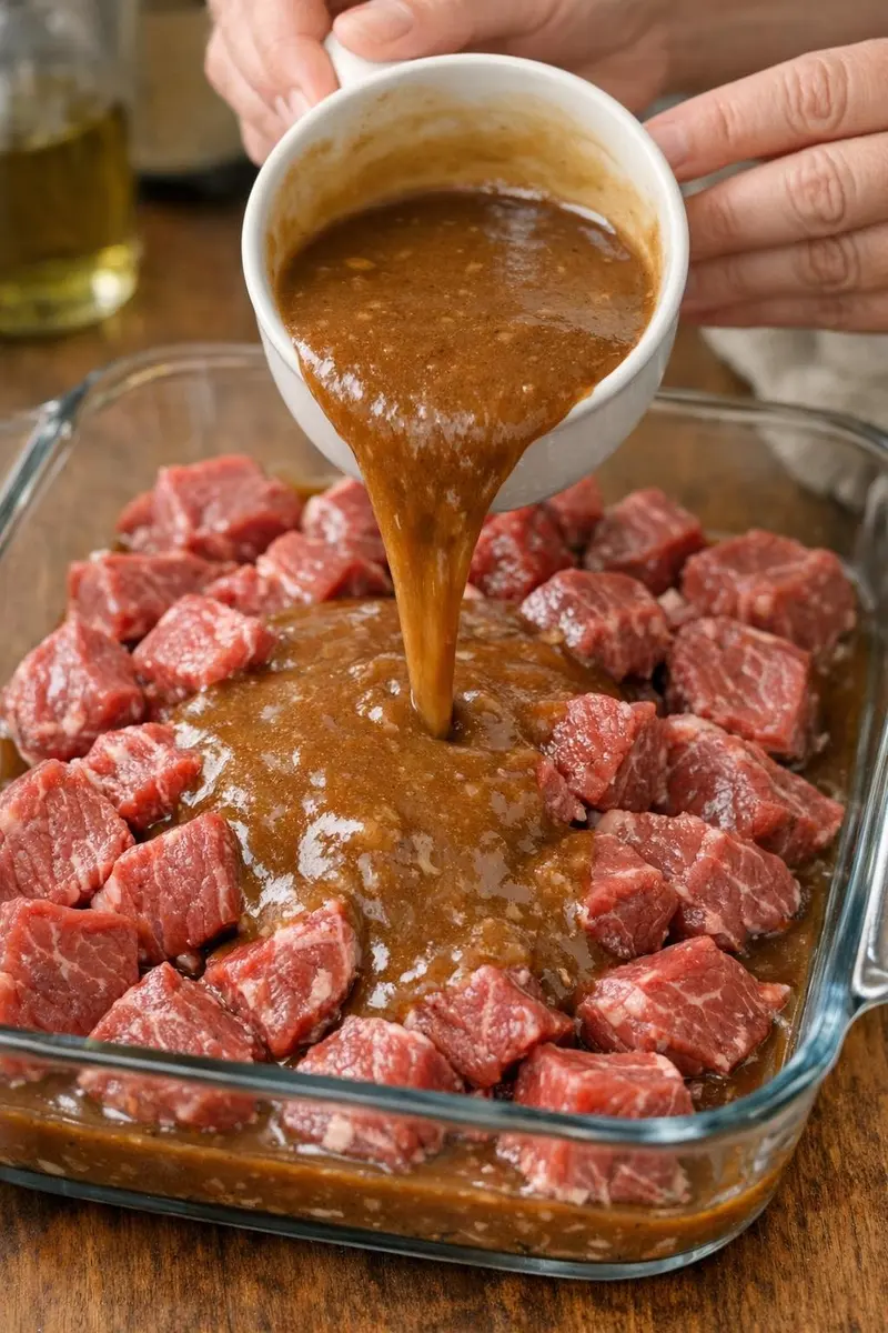 Pouring savory gravy mixture over beef cubes