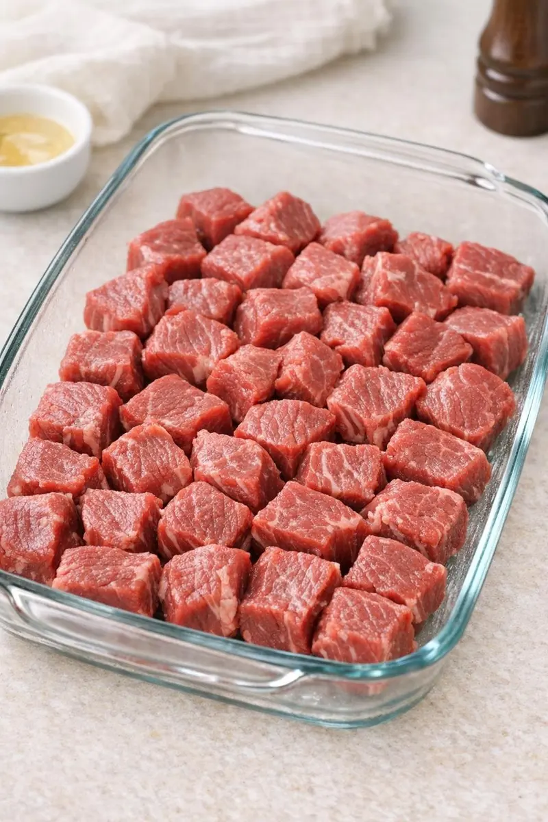 Cubed raw beef arranged in a baking dish