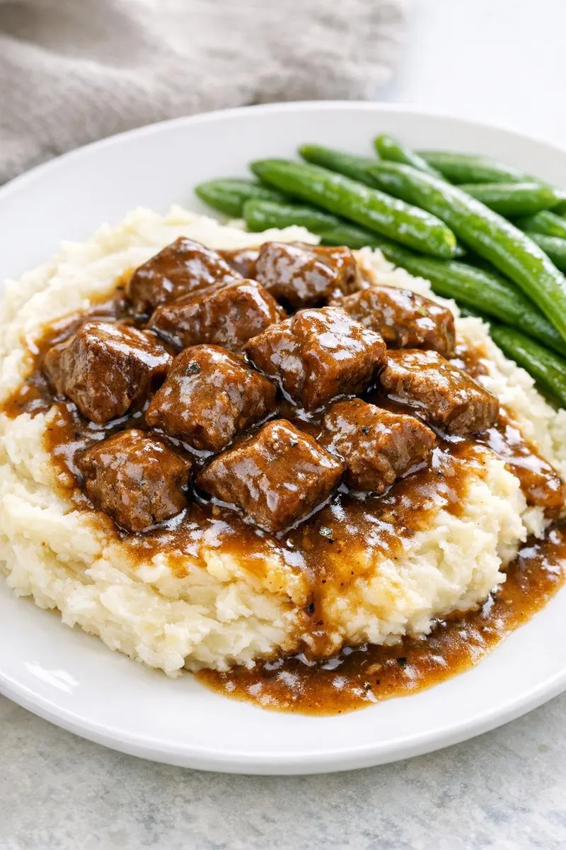 Beef tips and gravy served with mashed potatoes and green beans