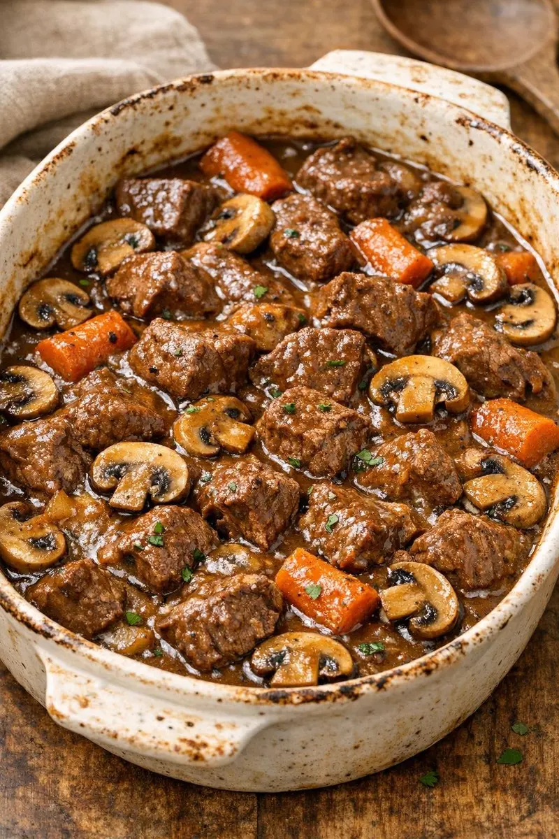 Baked beef tips and gravy with vegetables
