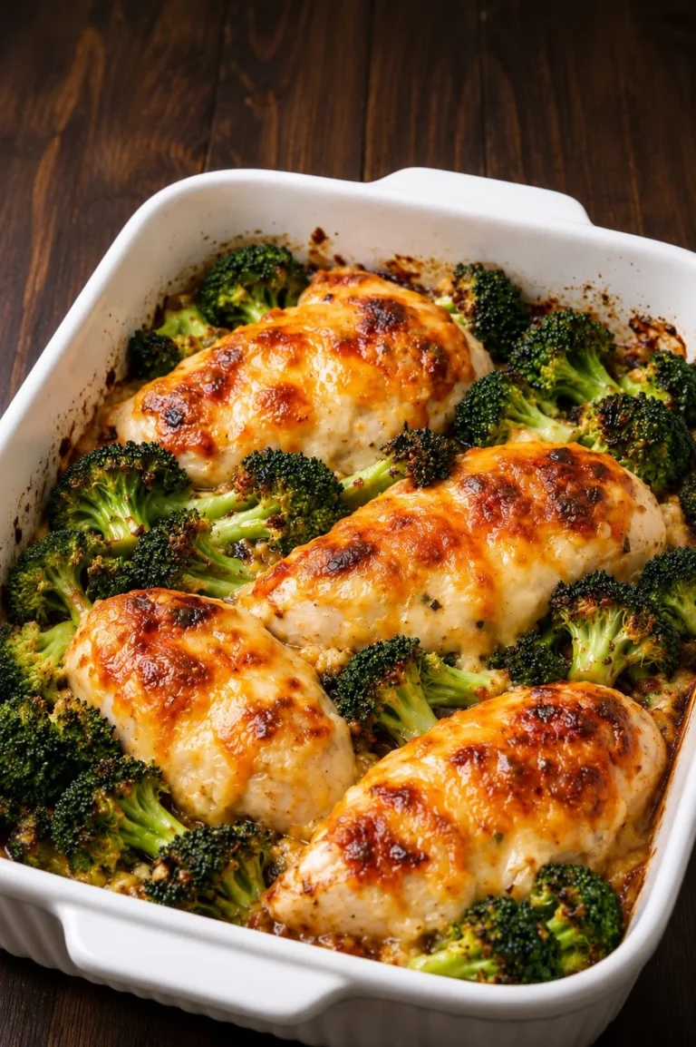Oven Baked Cheesy Broccoli Chicken dish with melted cheese and broccoli