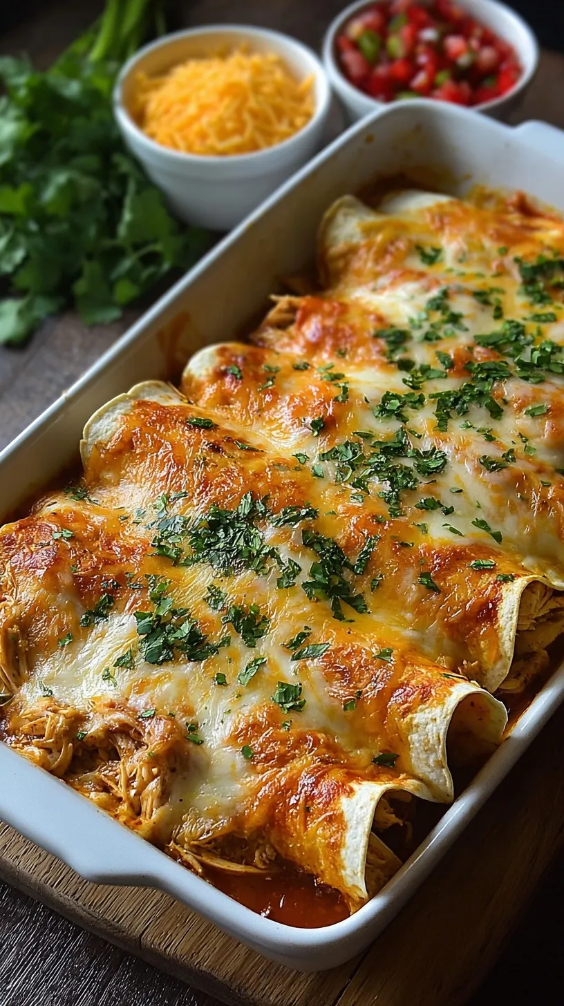 Close up of cheesy Oven-Baked Chicken Enchiladas in a baking dish with fresh cilantro